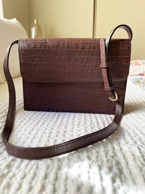 Crocodile embossed Barneys New York shoulder brown vertical purse